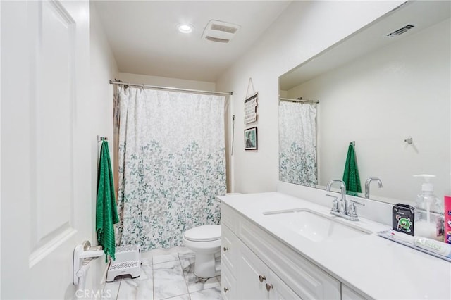 28420 Abbey Ln, Menifee, CA 92585 - bathroom featuring vanity, marble look tile flooring, curtained shower, and recessed lighting
