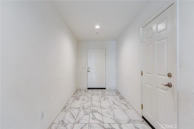 28420 Abbey Ln, Menifee, CA 92585 - doorway to outside featuring light marble finish flooring and recessed lighting