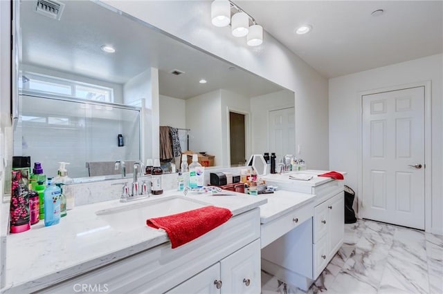 28420 Abbey Ln, Menifee, CA 92585 - full bathroom featuring vanity, a stall shower, marble look tiles, and recessed lighting