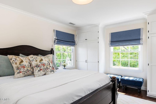 232 Glen Summer Rd, Pasadena, CA 91105 - bedroom with crown molding, multiple windows, a closet, and wood finished floors