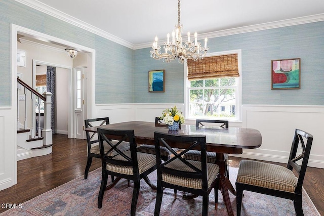 232 Glen Summer Rd, Pasadena, CA 91105 - dining room featuring wallpapered walls, wainscoting, wood finished floors, a chandelier, and stairway