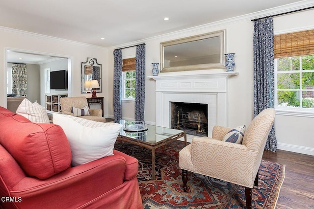232 Glen Summer Rd, Pasadena, CA 91105 - living area featuring ornamental molding, wood finished floors, a fireplace, and recessed lighting