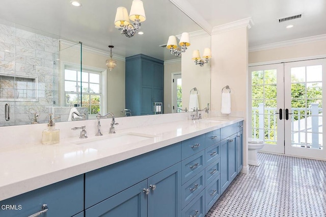 232 Glen Summer Rd, Pasadena, CA 91105 - bathroom featuring double vanity, french doors, a stall shower, ornamental molding, and a chandelier