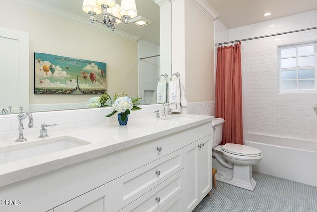 232 Glen Summer Rd, Pasadena, CA 91105 - full bathroom with double vanity, shower / bathtub combination with curtain, tile patterned floors, a chandelier, and ornamental molding