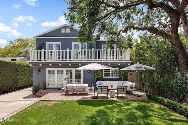 232 Glen Summer Rd, Pasadena, CA 91105 - back of house with a balcony, an outdoor hangout area, french doors, a patio, and stucco siding