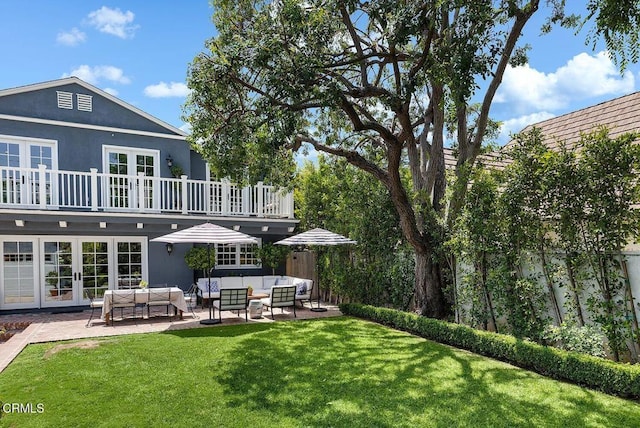 232 Glen Summer Rd, Pasadena, CA 91105 - rear view of house featuring french doors, an outdoor hangout area, a lawn, and a patio