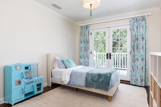 232 Glen Summer Rd, Pasadena, CA 91105 - bedroom featuring french doors, ornamental molding, access to exterior, and wood finished floors