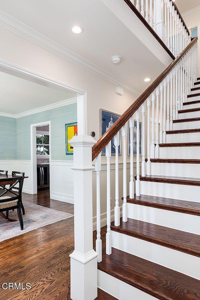 232 Glen Summer Rd, Pasadena, CA 91105 - stairs with wood finished floors, ornamental molding, wainscoting, and recessed lighting
