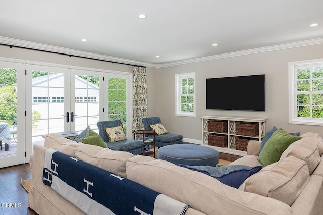 232 Glen Summer Rd, Pasadena, CA 91105 - living area featuring french doors, dark wood finished floors, ornamental molding, and recessed lighting