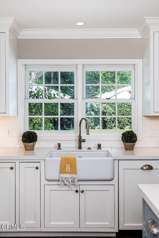 232 Glen Summer Rd, Pasadena, CA 91105 - kitchen featuring light countertops, crown molding, decorative backsplash, and white cabinets