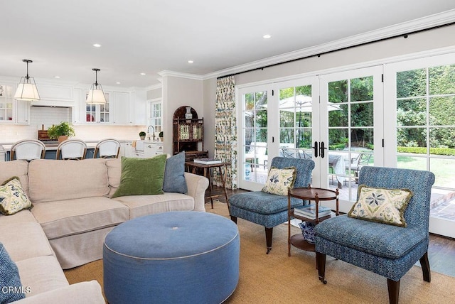 232 Glen Summer Rd, Pasadena, CA 91105 - living room with ornamental molding, french doors, recessed lighting, and light wood-style floors