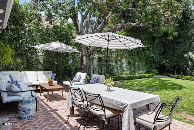 232 Glen Summer Rd, Pasadena, CA 91105 - view of patio featuring an outdoor living space, outdoor dining space, and view of scattered trees