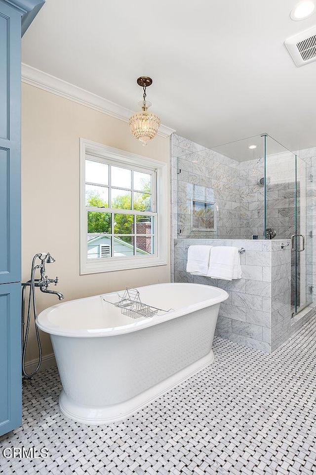 232 Glen Summer Rd, Pasadena, CA 91105 - full bathroom featuring a shower stall, crown molding, and a freestanding tub