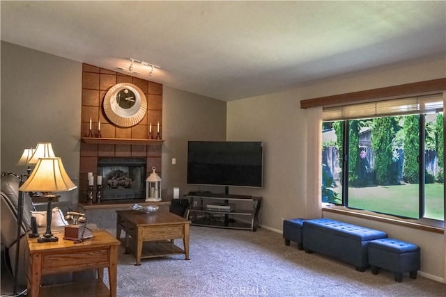 3376 Hackamore Ln, Chico, CA 95973 - carpeted living room featuring a fireplace and baseboards