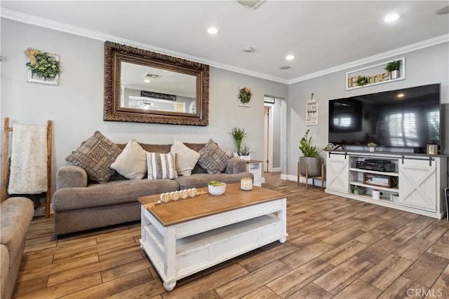 340 N Sunset Ave, West Covina, CA 91790 - living room with wood finished floors, ornamental molding, and recessed lighting