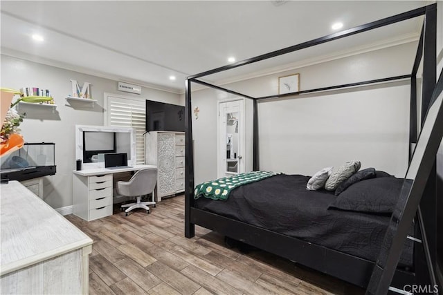 340 N Sunset Ave, West Covina, CA 91790 - bedroom with crown molding, light wood-type flooring, recessed lighting, and a desk