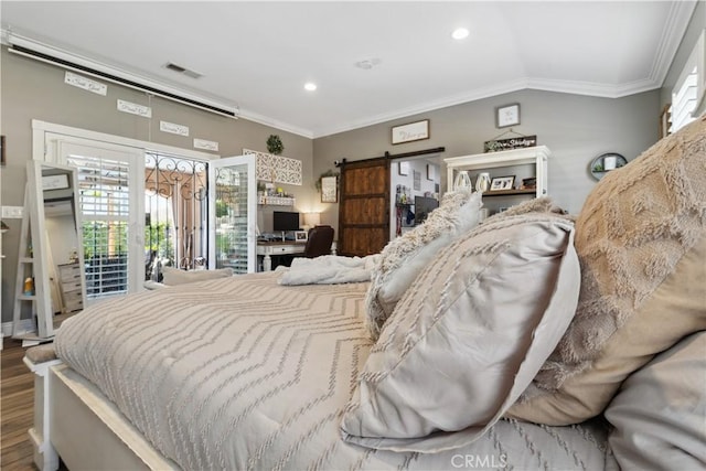 340 N Sunset Ave, West Covina, CA 91790 - bedroom featuring wood finished floors, ornamental molding, access to exterior, recessed lighting, and french doors