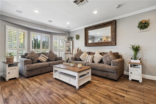340 N Sunset Ave, West Covina, CA 91790 - living area with crown molding, wood finished floors, and recessed lighting