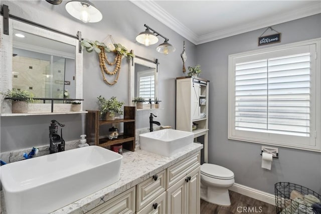 340 N Sunset Ave, West Covina, CA 91790 - full bathroom with wood finished floors, a stall shower, double vanity, and crown molding