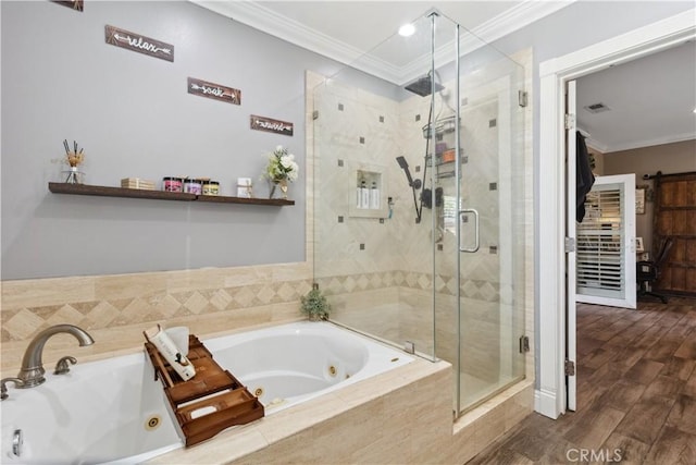 340 N Sunset Ave, West Covina, CA 91790 - bathroom with a stall shower, a jetted tub, crown molding, and wood finished floors