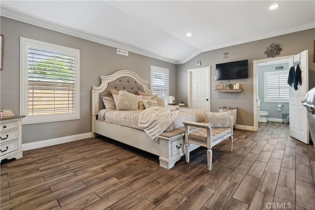 340 N Sunset Ave, West Covina, CA 91790 - bedroom featuring crown molding, wood finished floors, lofted ceiling, recessed lighting, and ensuite bath