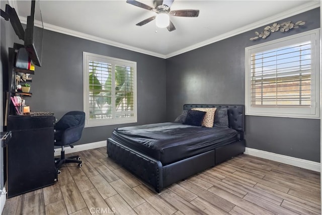 340 N Sunset Ave, West Covina, CA 91790 - bedroom with wood finished floors, crown molding, and a ceiling fan