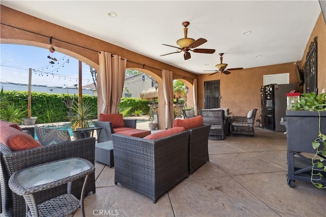 340 N Sunset Ave, West Covina, CA 91790 - view of patio / terrace with an outdoor living space, a ceiling fan, and outdoor dining space