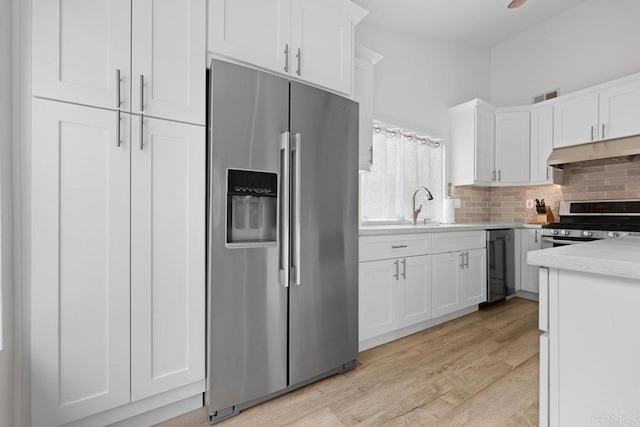 1642 Marbella Dr, Vista, CA 92081 - kitchen featuring stainless steel appliances, under cabinet range hood, light countertops, white cabinets, and tasteful backsplash