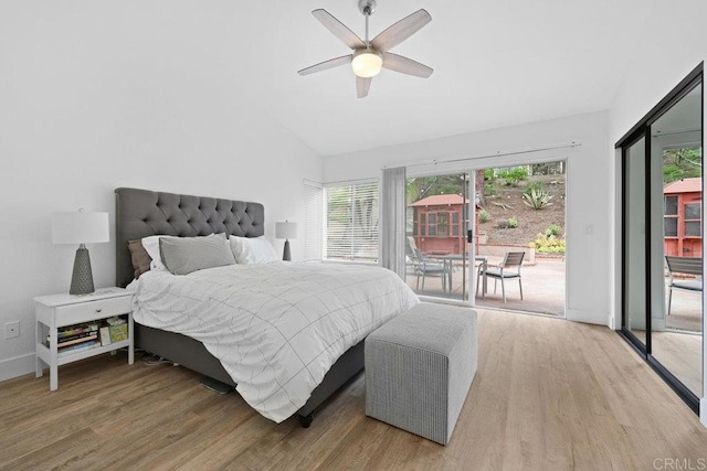1642 Marbella Dr, Vista, CA 92081 - bedroom with access to exterior, light wood-style floors, lofted ceiling, and ceiling fan