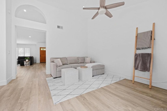 1642 Marbella Dr, Vista, CA 92081 - living area with wood finished floors, a ceiling fan, and a high ceiling