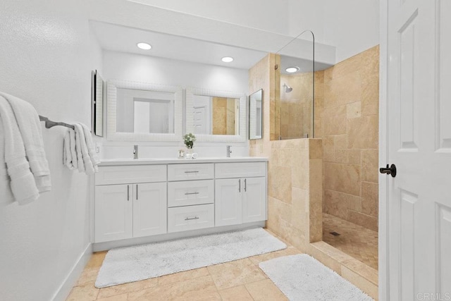 1642 Marbella Dr, Vista, CA 92081 - bathroom featuring a walk in shower, double vanity, and recessed lighting