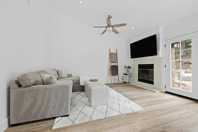 1642 Marbella Dr, Vista, CA 92081 - living room with lofted ceiling, ceiling fan, wood finished floors, and a high end fireplace