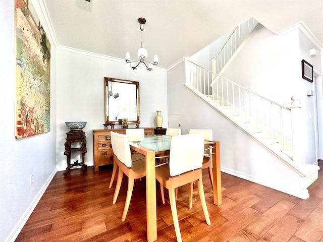 13638 Jadestone Way, San Diego, CA 92130 - dining space featuring stairs, a chandelier, wood finished floors, and crown molding