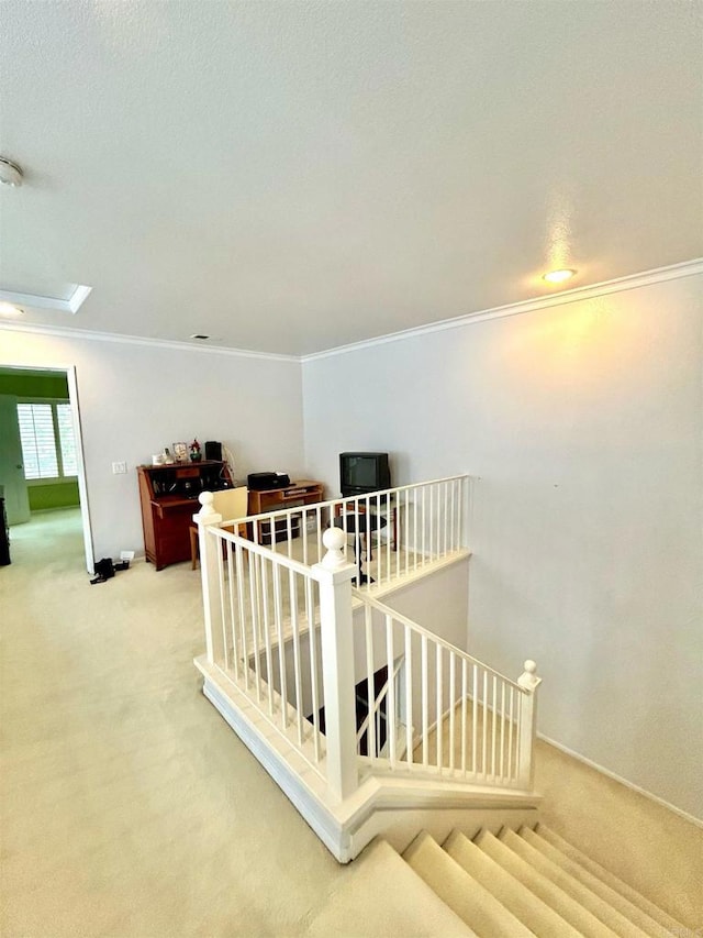 13638 Jadestone Way, San Diego, CA 92130 - hallway with crown molding, carpet flooring, and an upstairs landing