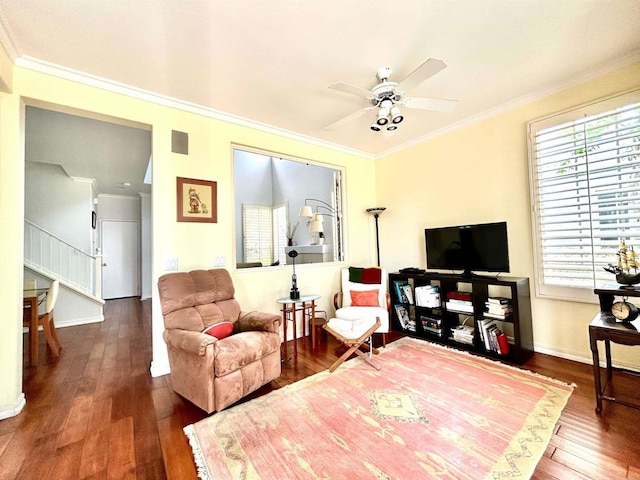 13638 Jadestone Way, San Diego, CA 92130 - living room with wood-type flooring, ceiling fan, ornamental molding, and stairs