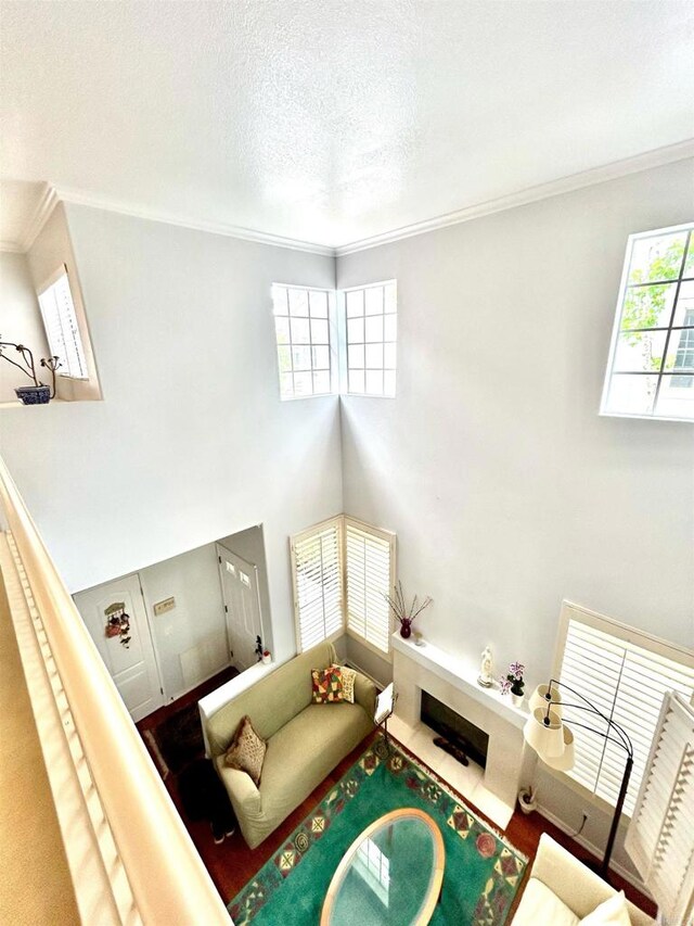 13638 Jadestone Way, San Diego, CA 92130 - carpeted living room with ornamental molding, a towering ceiling, and a textured ceiling