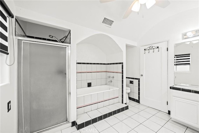 621 S Burris Ave, Compton, CA 90221 - full bathroom with a garden tub, ceiling fan, a shower stall, vanity, and tile patterned flooring
