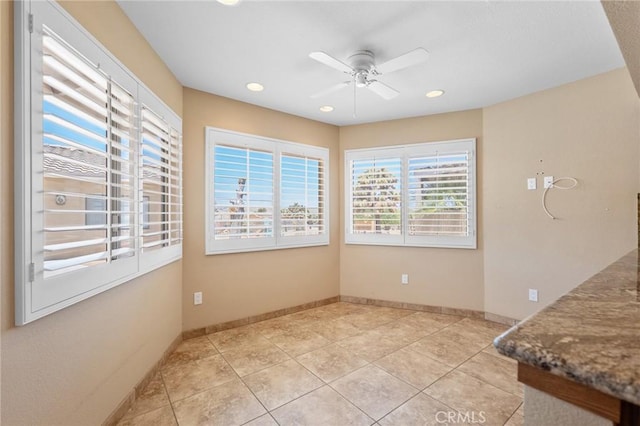 58960 Delano Trl, Yucca Valley, CA 92284 - unfurnished dining area with ceiling fan, light tile patterned floors, and recessed lighting
