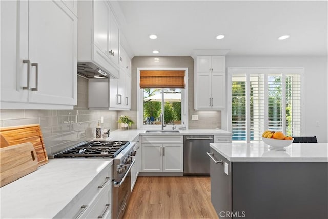 27811 Bloomfield Ct, Valencia, CA 91354 - kitchen with appliances with stainless steel finishes, light wood-style floors, white cabinetry, tasteful backsplash, and recessed lighting