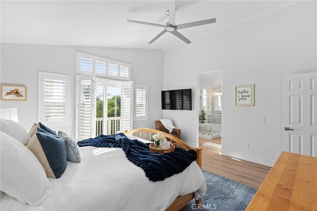 27811 Bloomfield Ct, Valencia, CA 91354 - bedroom featuring access to outside, wood finished floors, connected bathroom, ceiling fan, and high vaulted ceiling