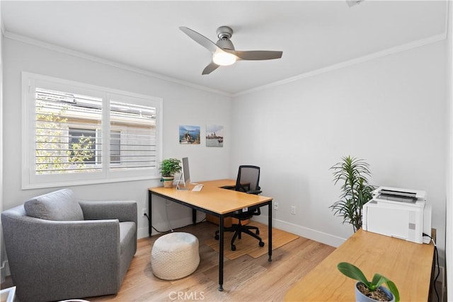 27811 Bloomfield Ct, Valencia, CA 91354 - office area featuring ornamental molding, light wood-type flooring, and a ceiling fan