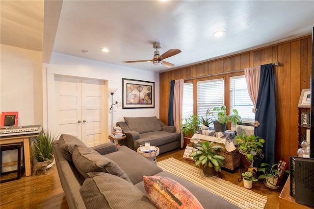 1517 E 1st St, Long Beach, CA 90802 - living room with a ceiling fan, wood finished floors, wooden walls, and recessed lighting
