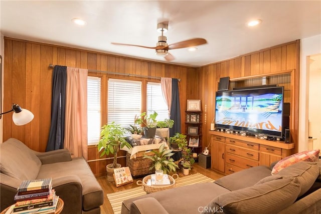 1517 E 1st St, Long Beach, CA 90802 - living area with a ceiling fan, wood walls, light wood-type flooring, and recessed lighting