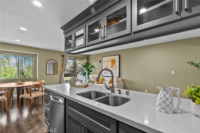 2700 Cahuenga Blvd E Unit 3104, Los Angeles, CA 90068 - kitchen featuring light countertops, dark wood-style floors, dishwasher, glass insert cabinets, and recessed lighting