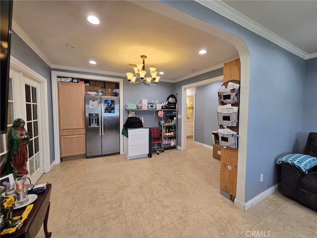 15768 Amar Rd, La Puente, CA 91744 - office area with a chandelier, ornamental molding, arched walkways, recessed lighting, and light tile patterned flooring