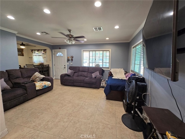 15768 Amar Rd, La Puente, CA 91744 - living area with ceiling fan, ornamental molding, light tile patterned floors, and recessed lighting