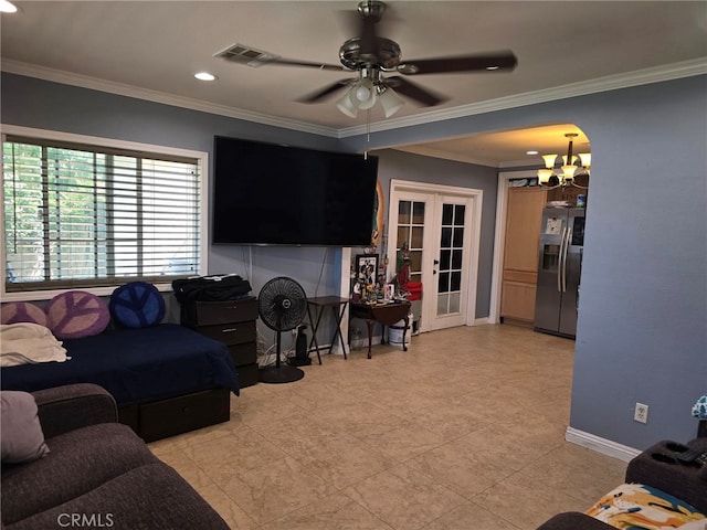 15768 Amar Rd, La Puente, CA 91744 - living room featuring a chandelier, ceiling fan, ornamental molding, and recessed lighting