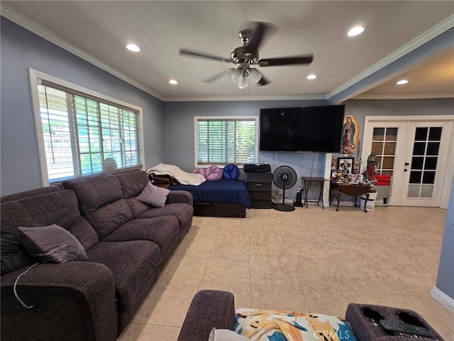 15768 Amar Rd, La Puente, CA 91744 - living area with ceiling fan, recessed lighting, crown molding, and french doors