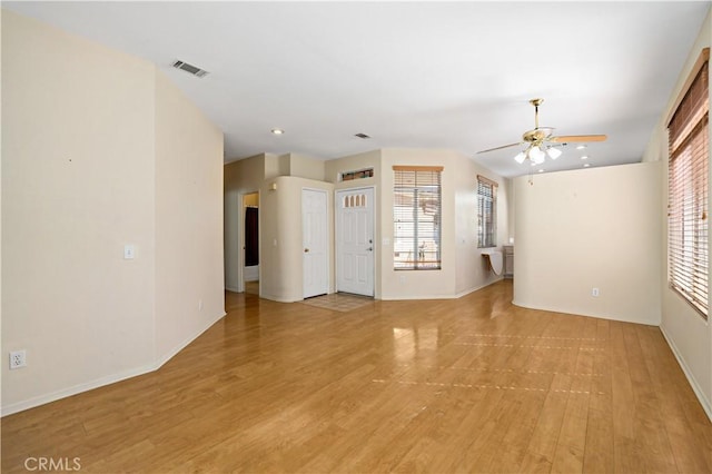 27812 Ruggie Rd, Menifee, CA 92585 - unfurnished living room featuring ceiling fan, light wood-type flooring, and recessed lighting
