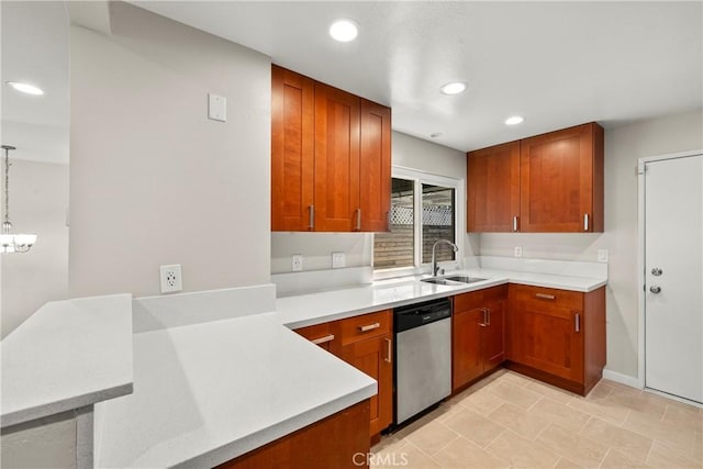 22271 Caminito Danubo, Laguna Hills, CA 92653 - kitchen featuring stainless steel dishwasher, light countertops, recessed lighting, a chandelier, and brown cabinets